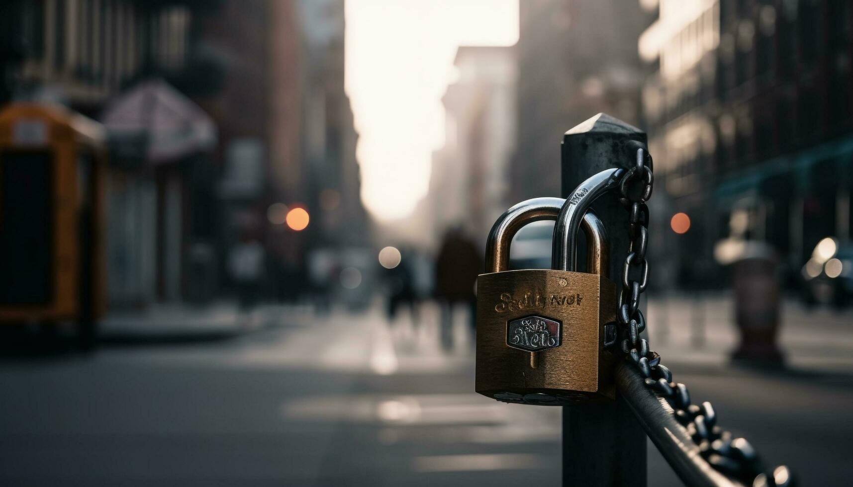 Metal padlock secures fence in bustling cityscape generated by AI photo