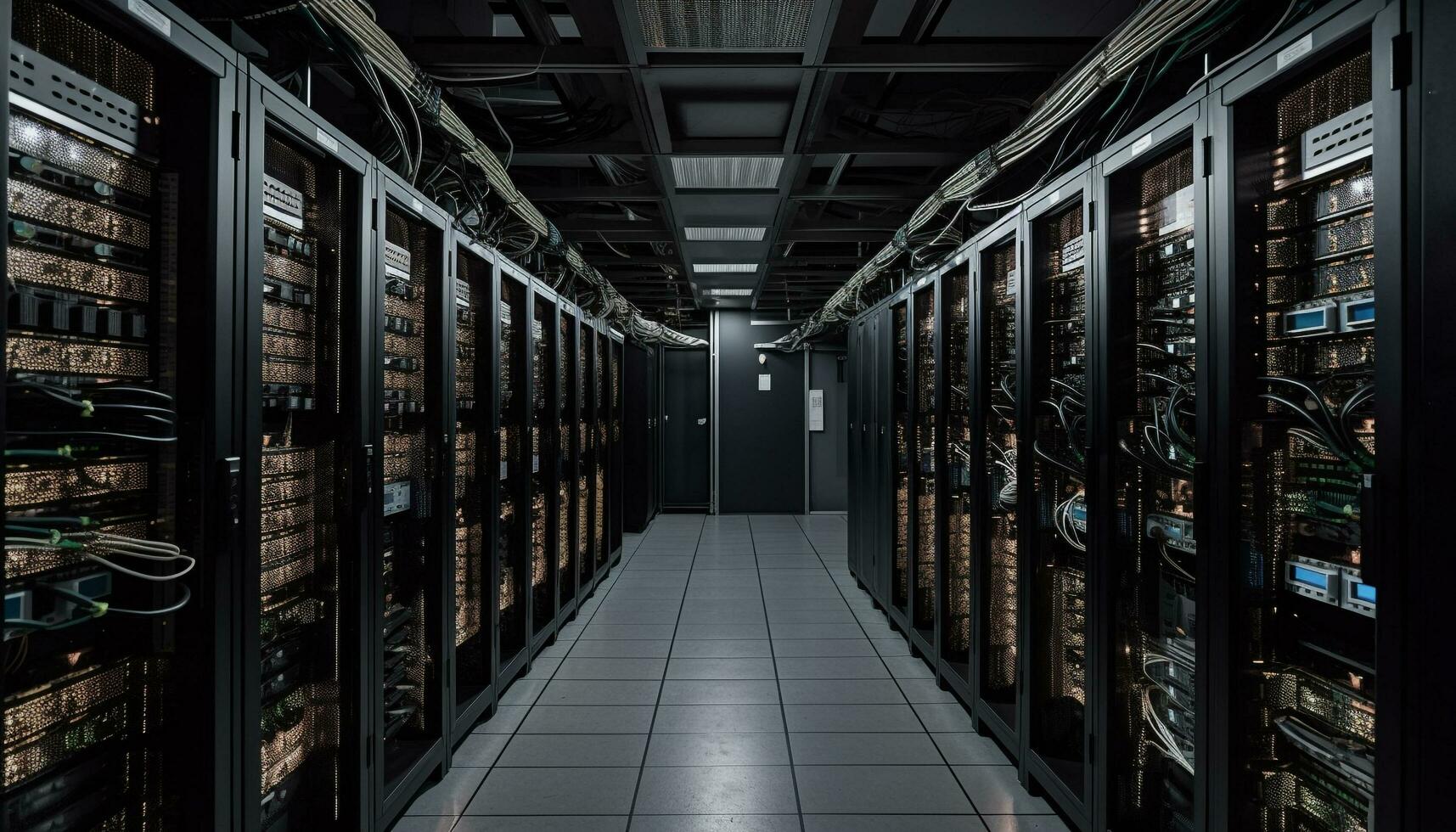 Futuristic computer equipment in row inside data center generated by AI photo