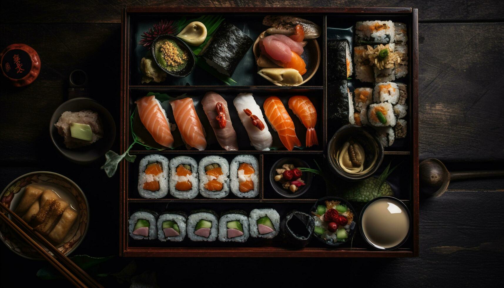 Sushi set with seafood, rice, and vegetables generated by AI photo