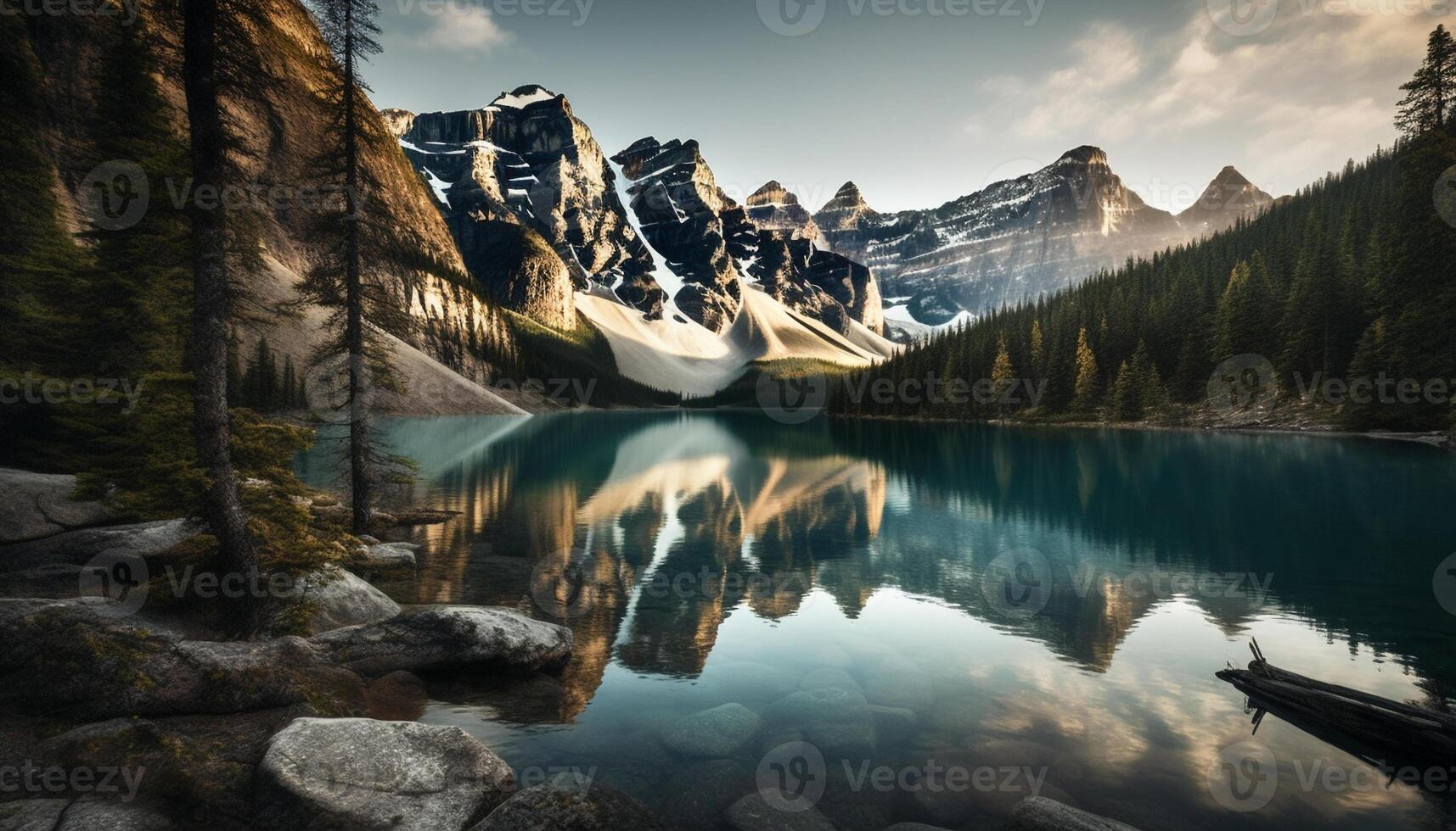 Majestic mountain range reflects in tranquil water generated by AI photo