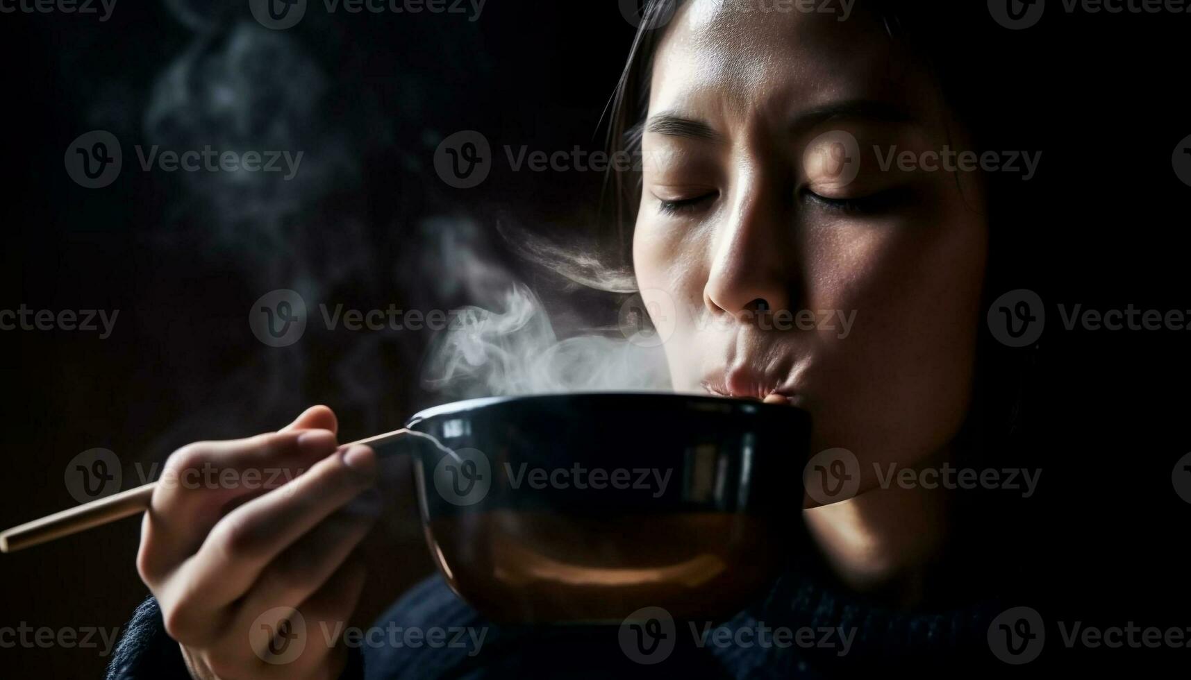 One young woman holding hot drink indoors generated by AI photo