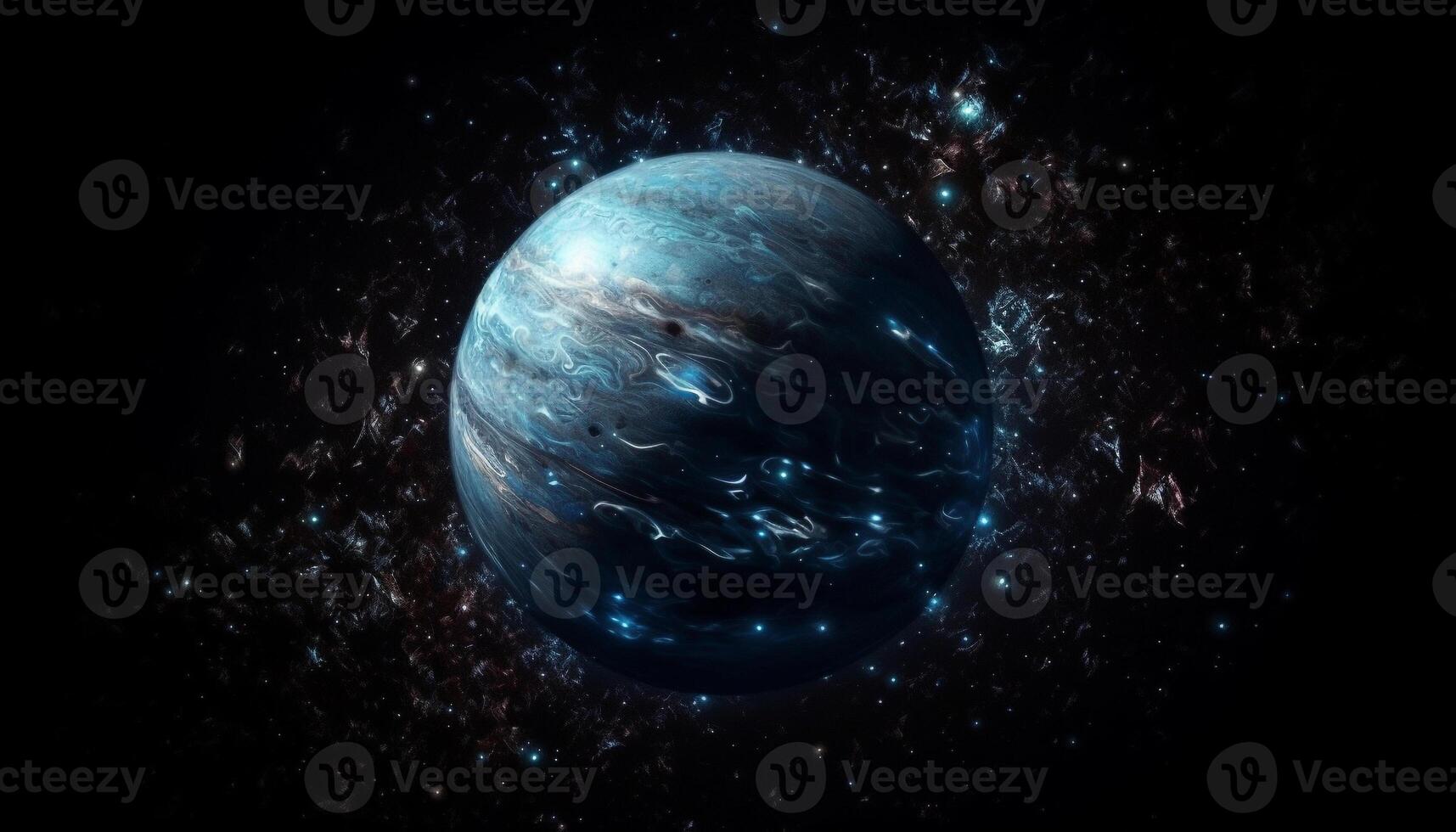 Glowing spheres orbiting dark planet in space generated by AI photo