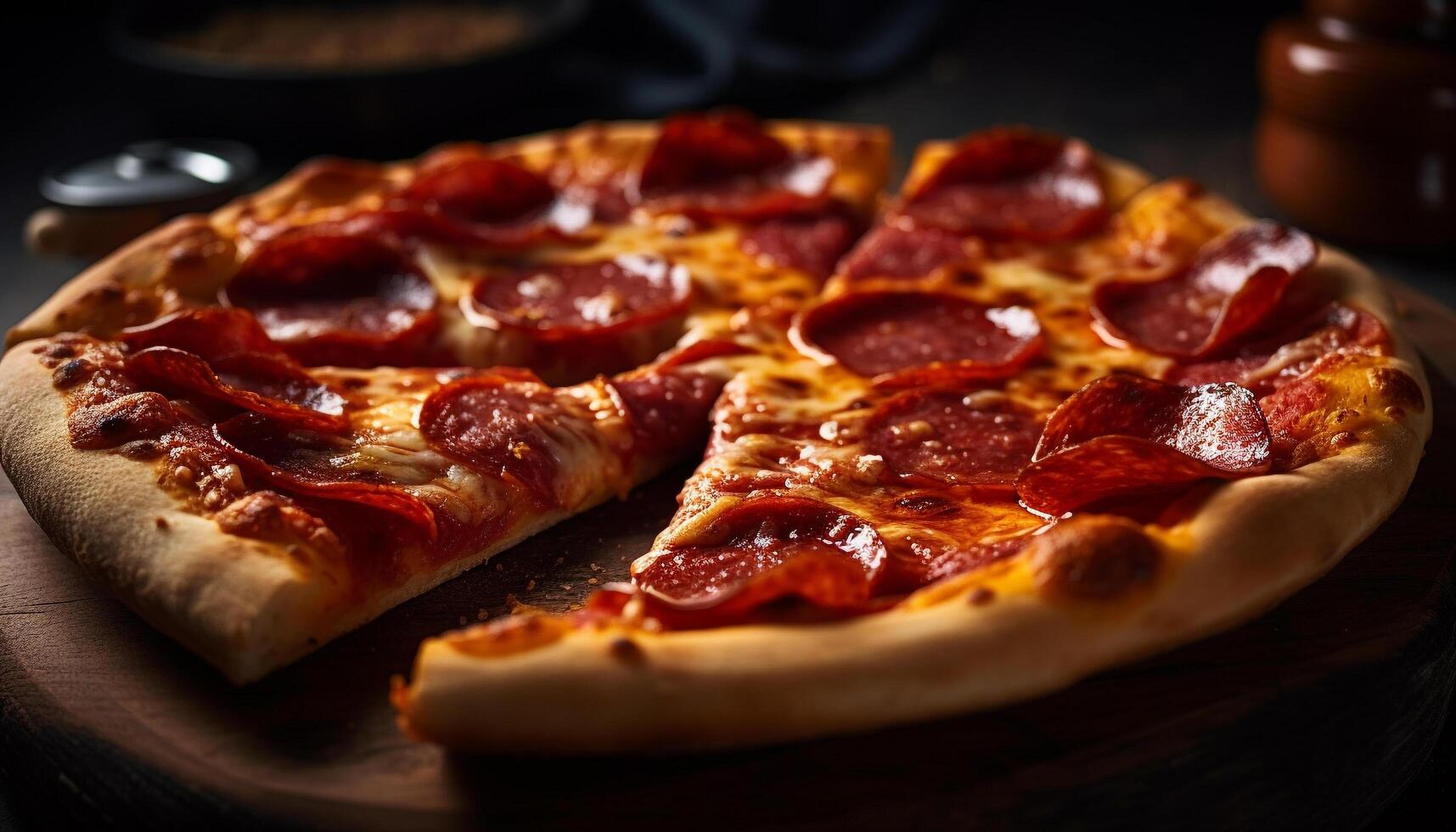 Freshly baked pizza on rustic wooden table generated by AI photo