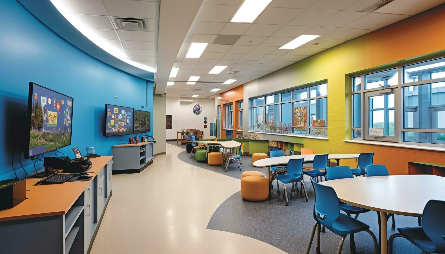 Bright modern classroom with empty chairs and desks generated by AI photo