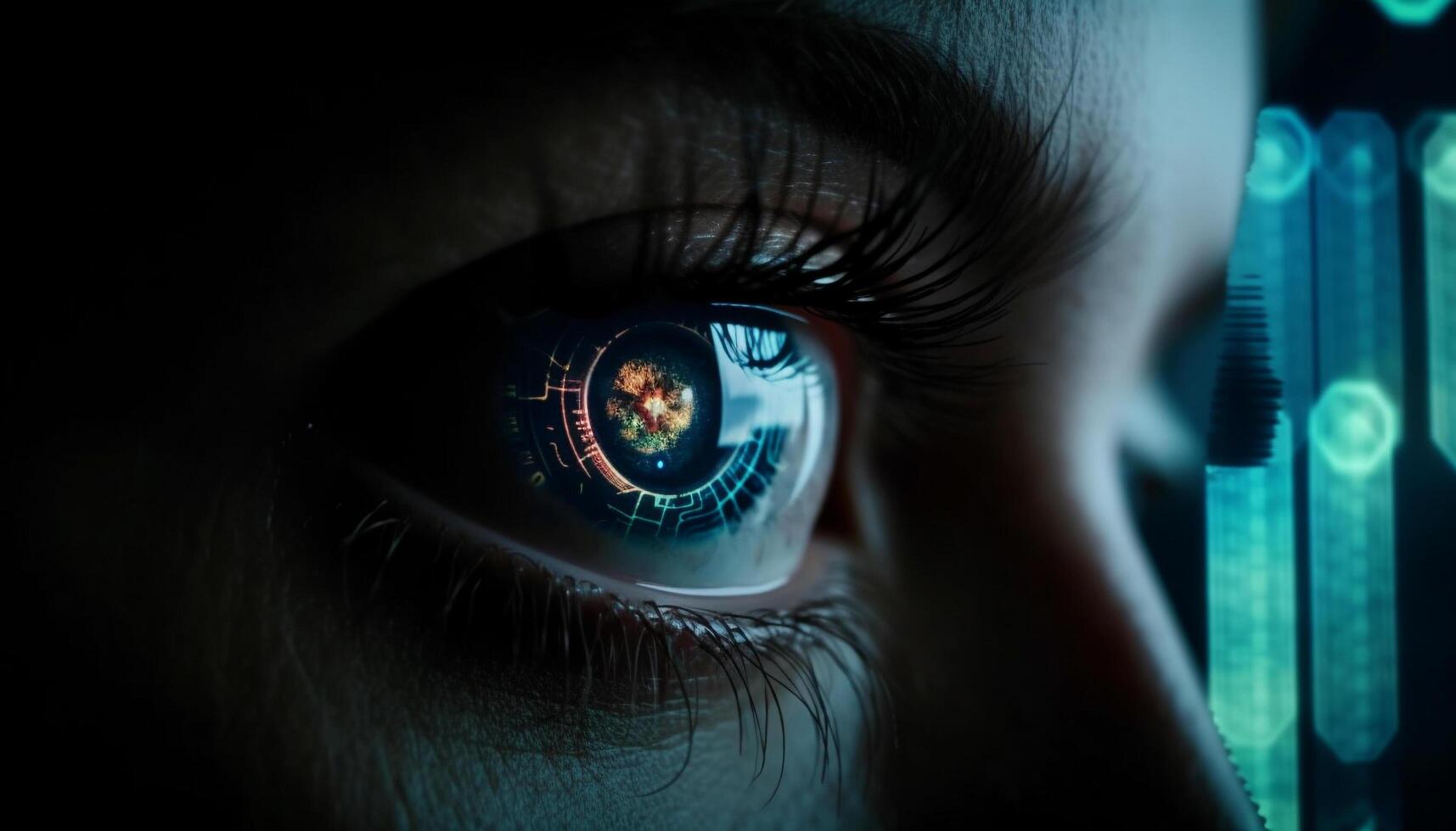 Human eye watching futuristic security system data generated by AI photo