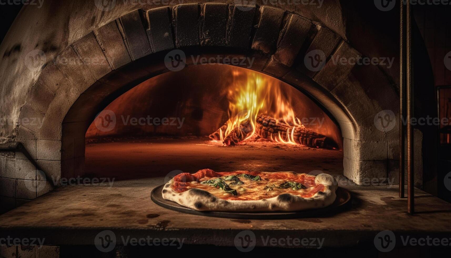 recién horneado gastrónomo Pizza desde ladrillo horno generado por ai foto