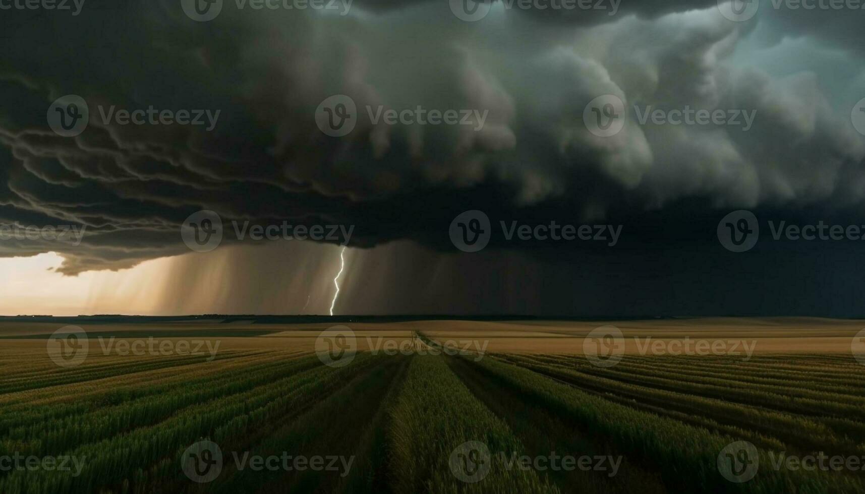 Moody sky over wheat fields with lightning generated by AI photo
