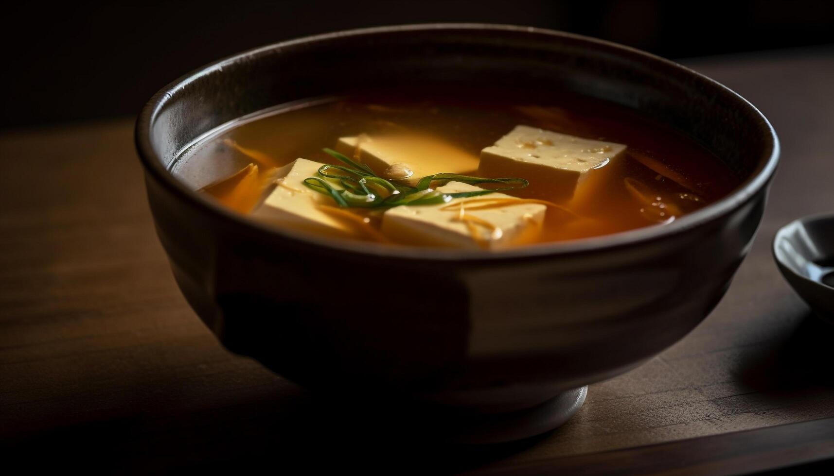 Healthy homemade miso soup in rustic bowl generated by AI photo