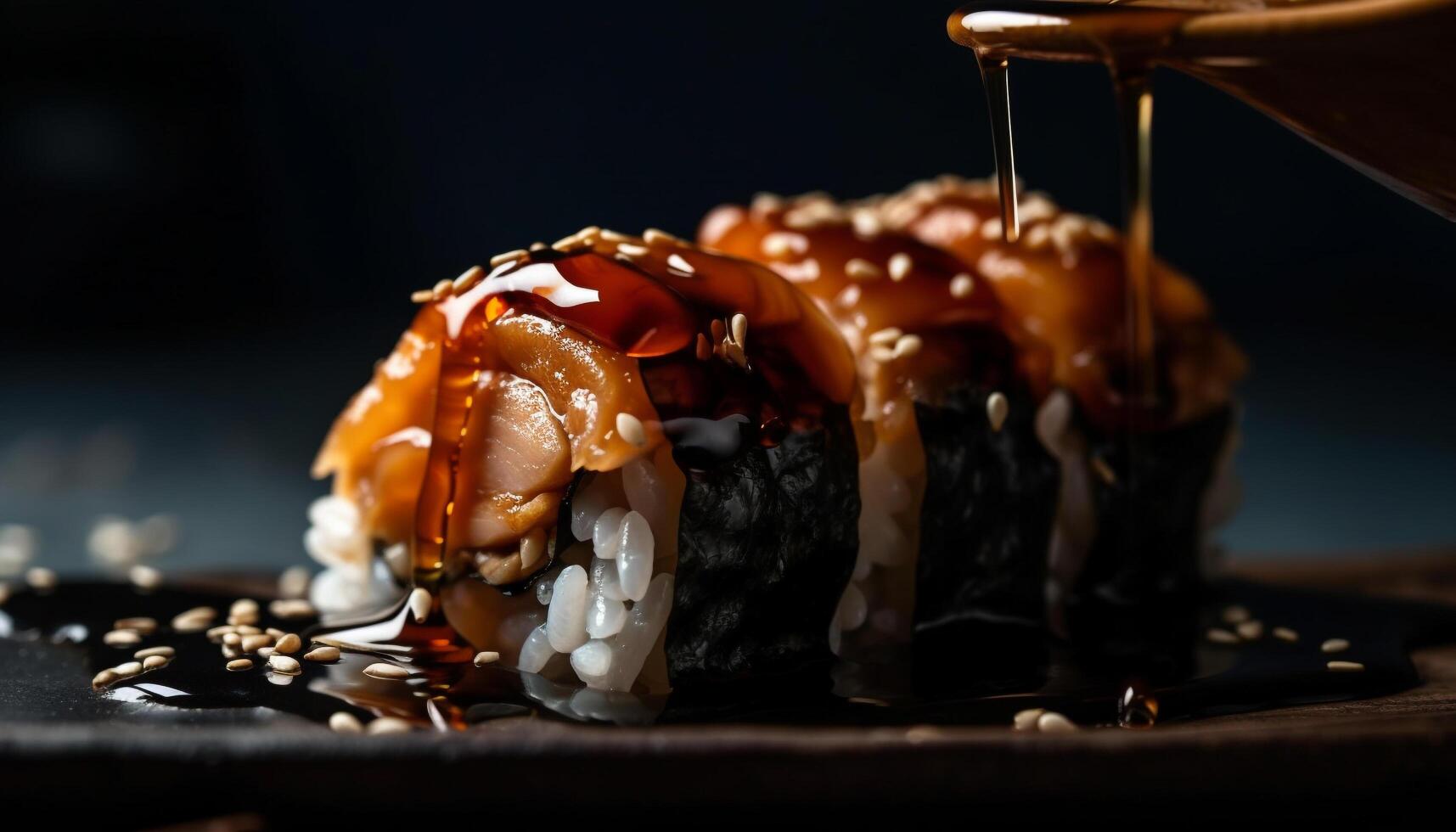 Grilled seafood plate with sesame and rice generated by AI photo