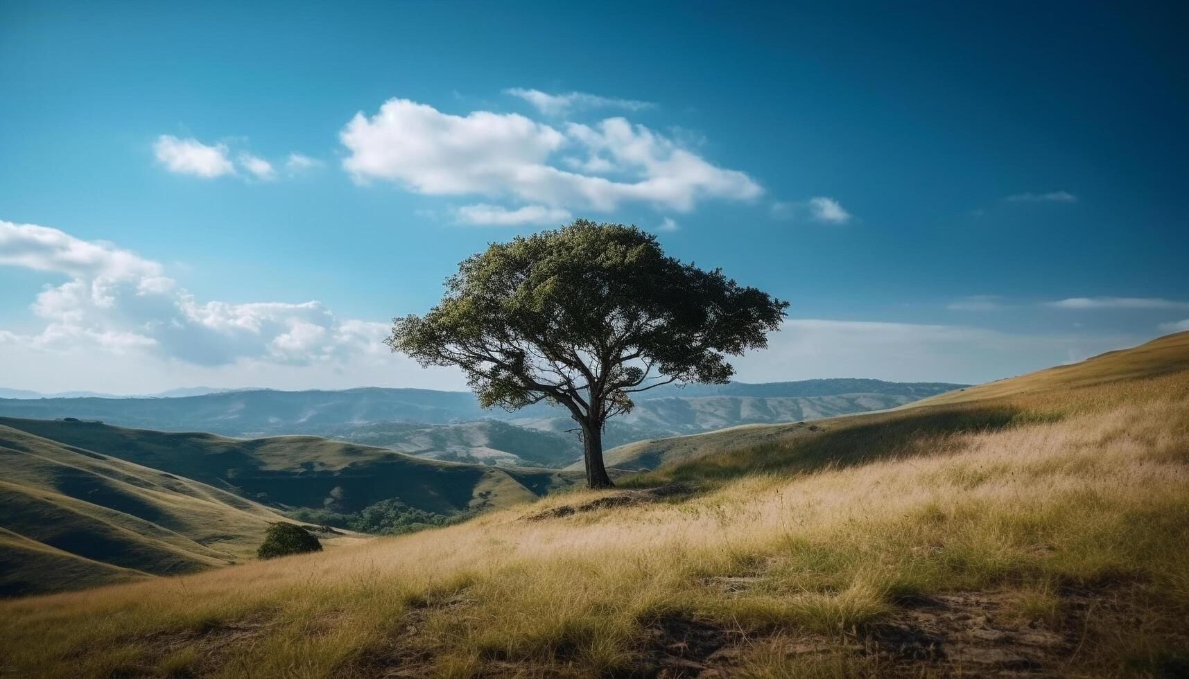 Tranquil sunset over mountain meadow and tree generated by AI photo