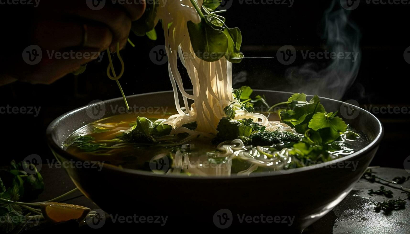 Noodle soup with pork, beef, and vegetables generated by AI photo
