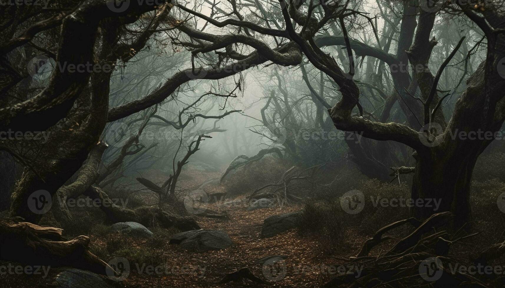 Beauty in nature enveloped by spooky fog generated by AI photo