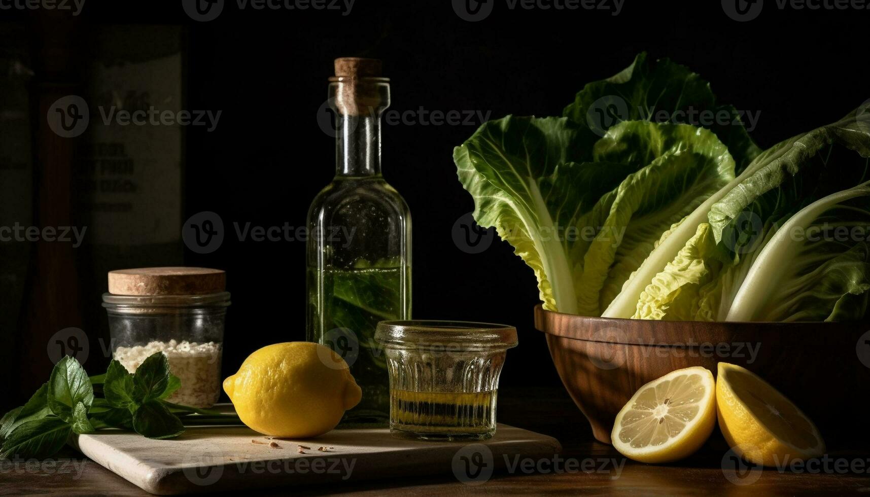 Healthy lemon salad on wooden nature table generated by AI photo