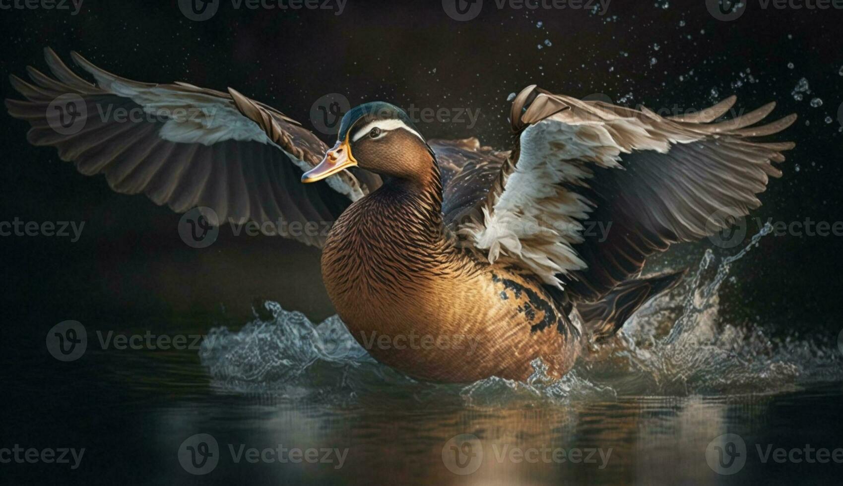 Mallard drake flying over icy winter pond generated by AI photo