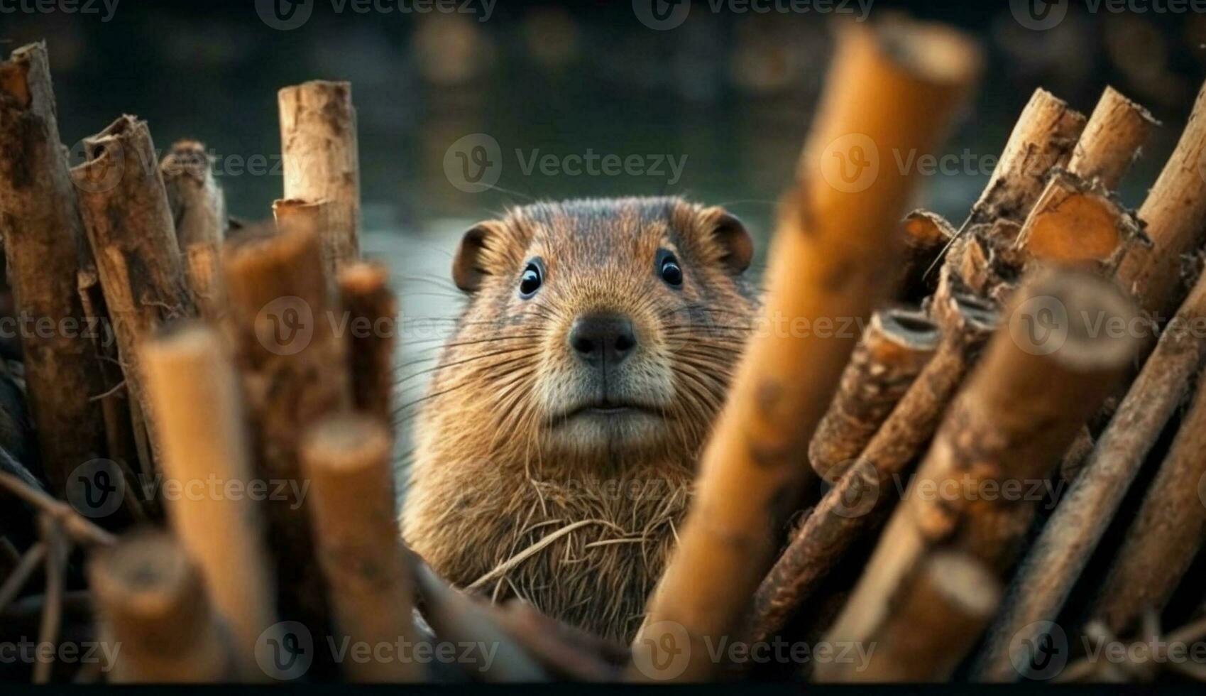 Fluffy beaver on log focused and playful generated by AI photo