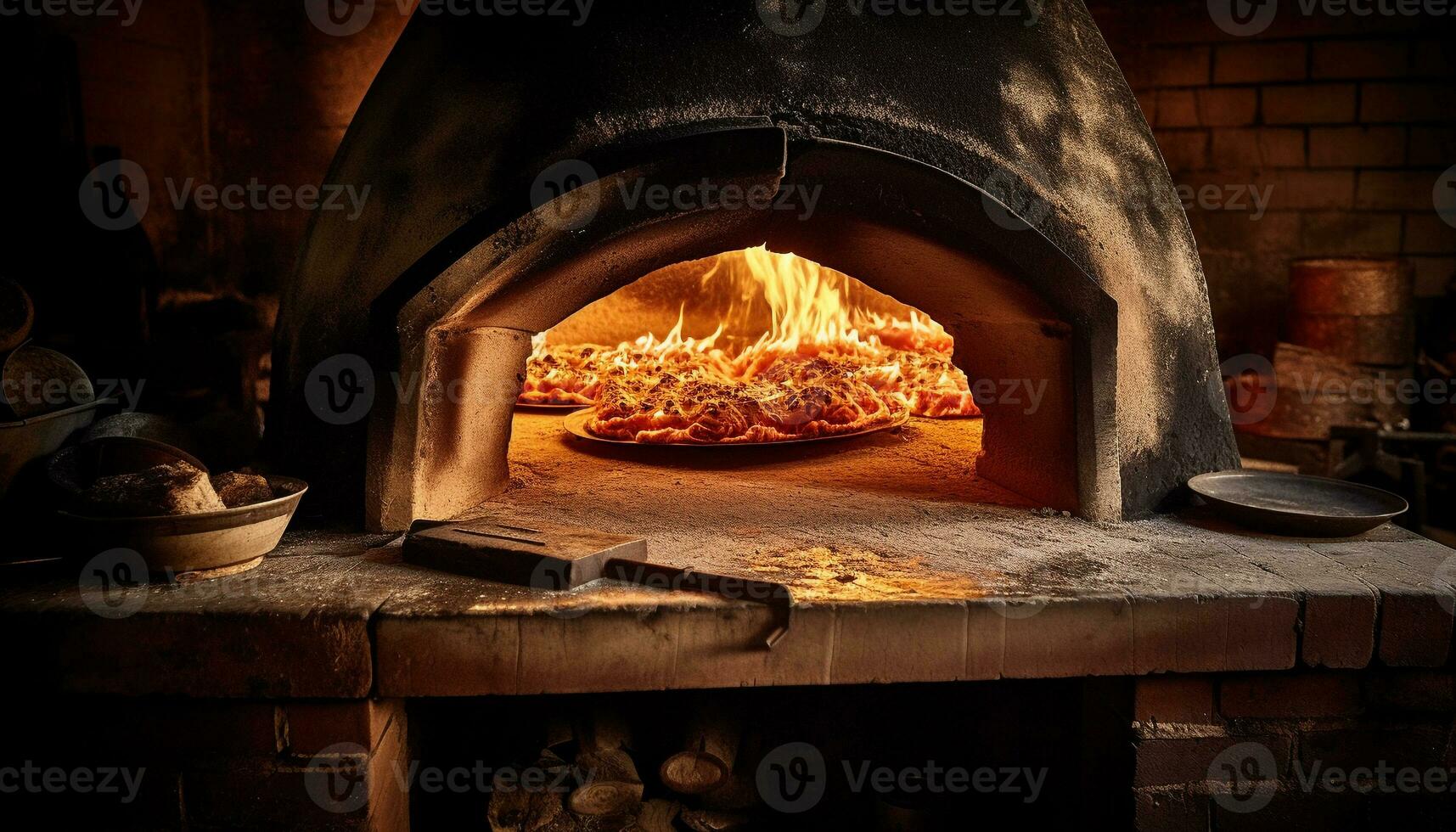 Baked bread in rustic wood stove oven generated by AI photo