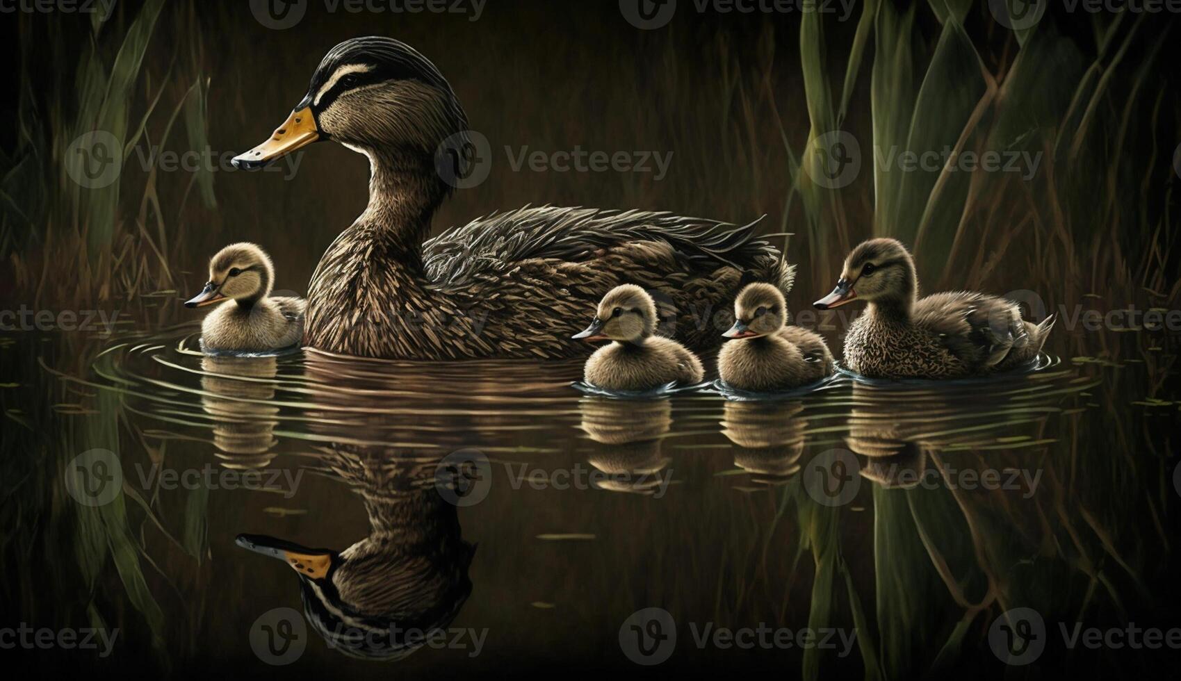 Cute ducklings swim with their mother in pond generated by AI photo
