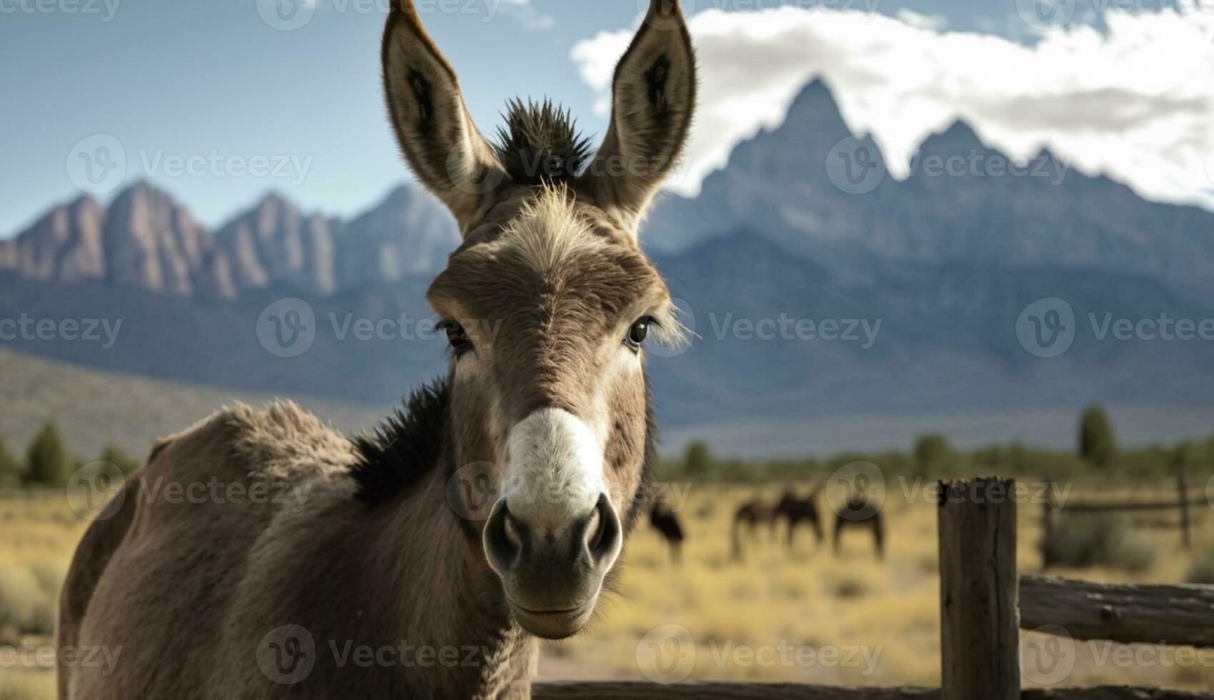 Close up of cute donkey grazing on meadow generated by AI photo