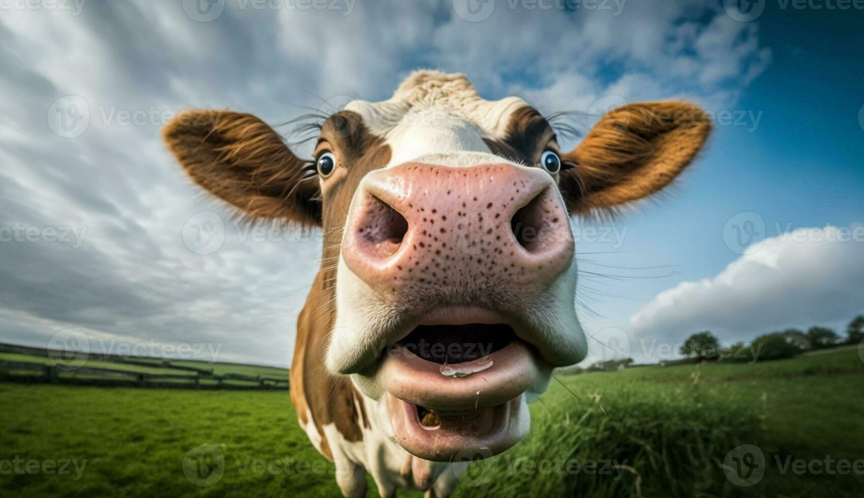 Cow grazing on fresh green meadow grass generated by AI photo
