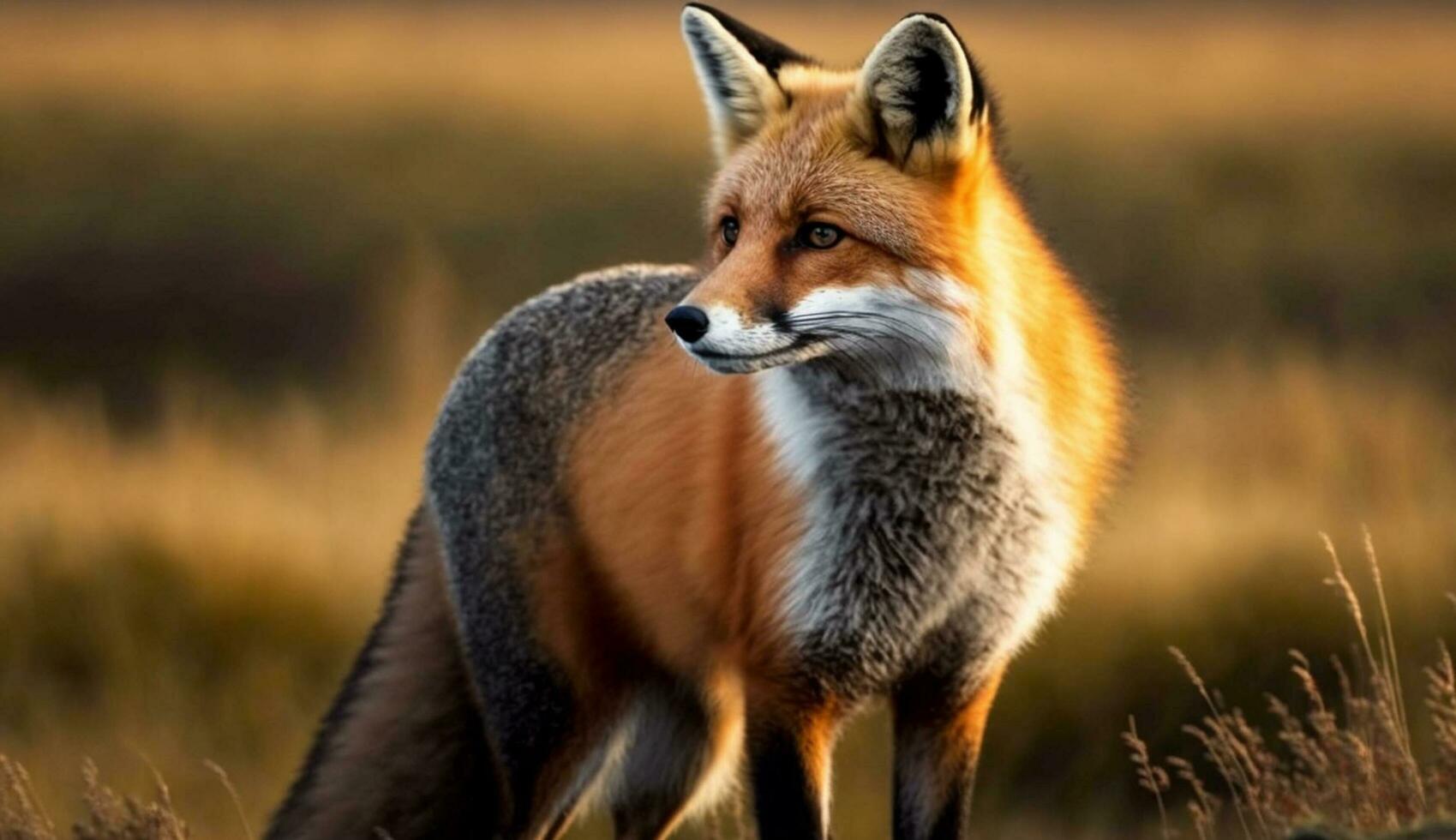 Cute red fox focuses on grassy foreground generated by AI photo