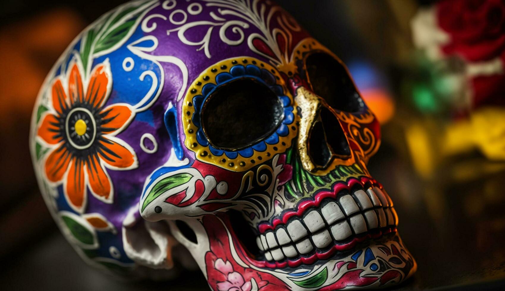 Multi colored human skull decoration for Halloween celebration generated by AI photo