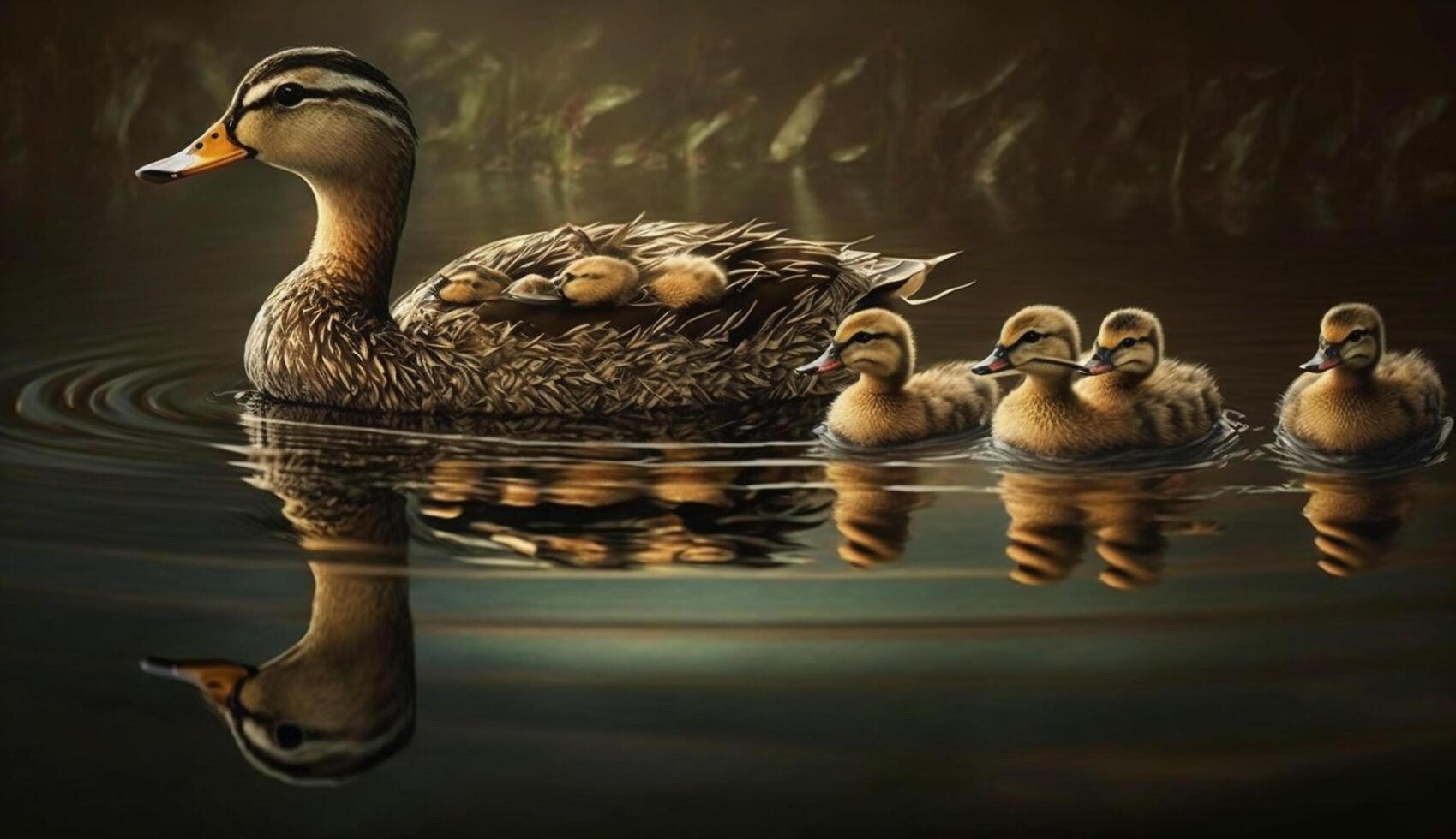 Cute duckling family enjoying tranquil pond swims generated by AI photo