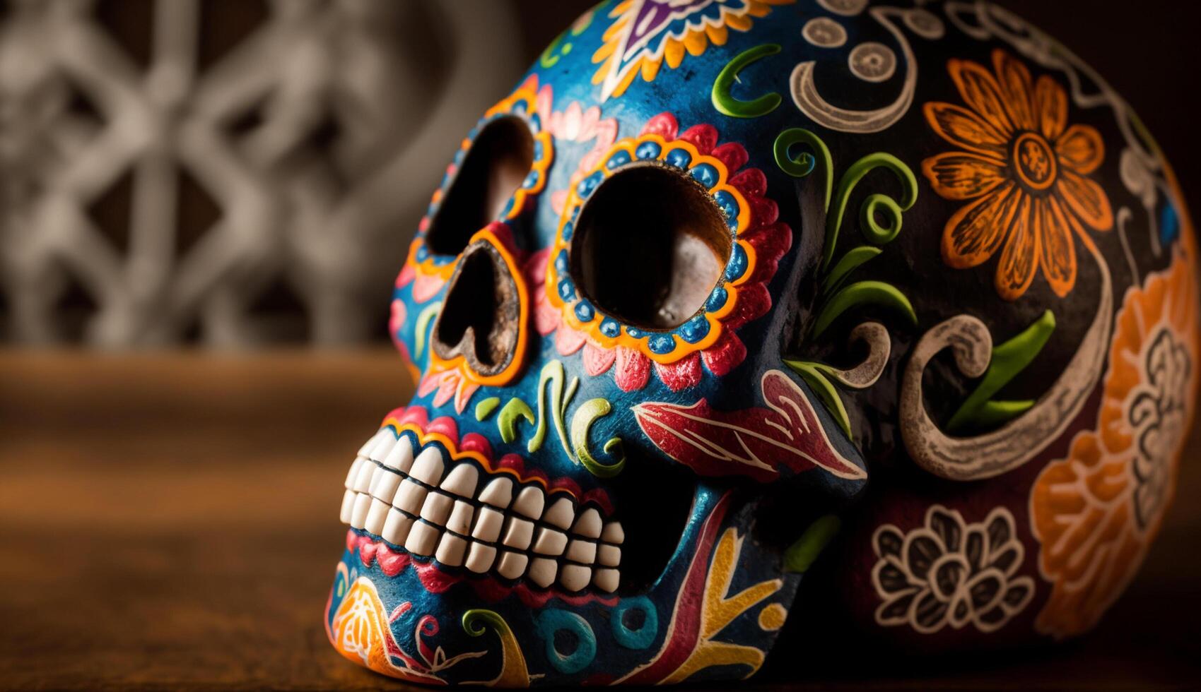 Celebration of death colorful skulls spooky souvenirs generated by AI photo