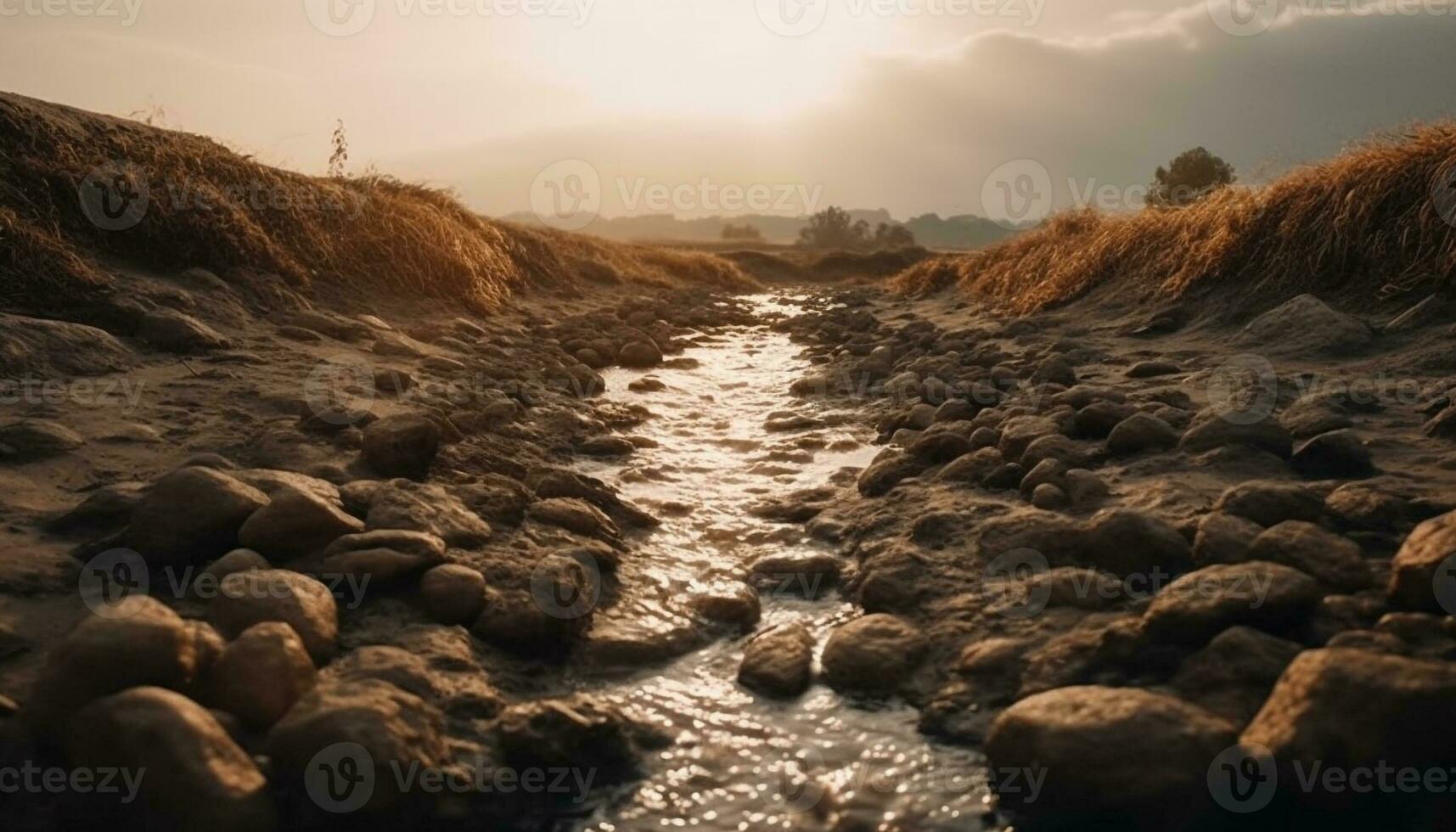 idílico prado refleja belleza en naturaleza a amanecer generado por ai foto