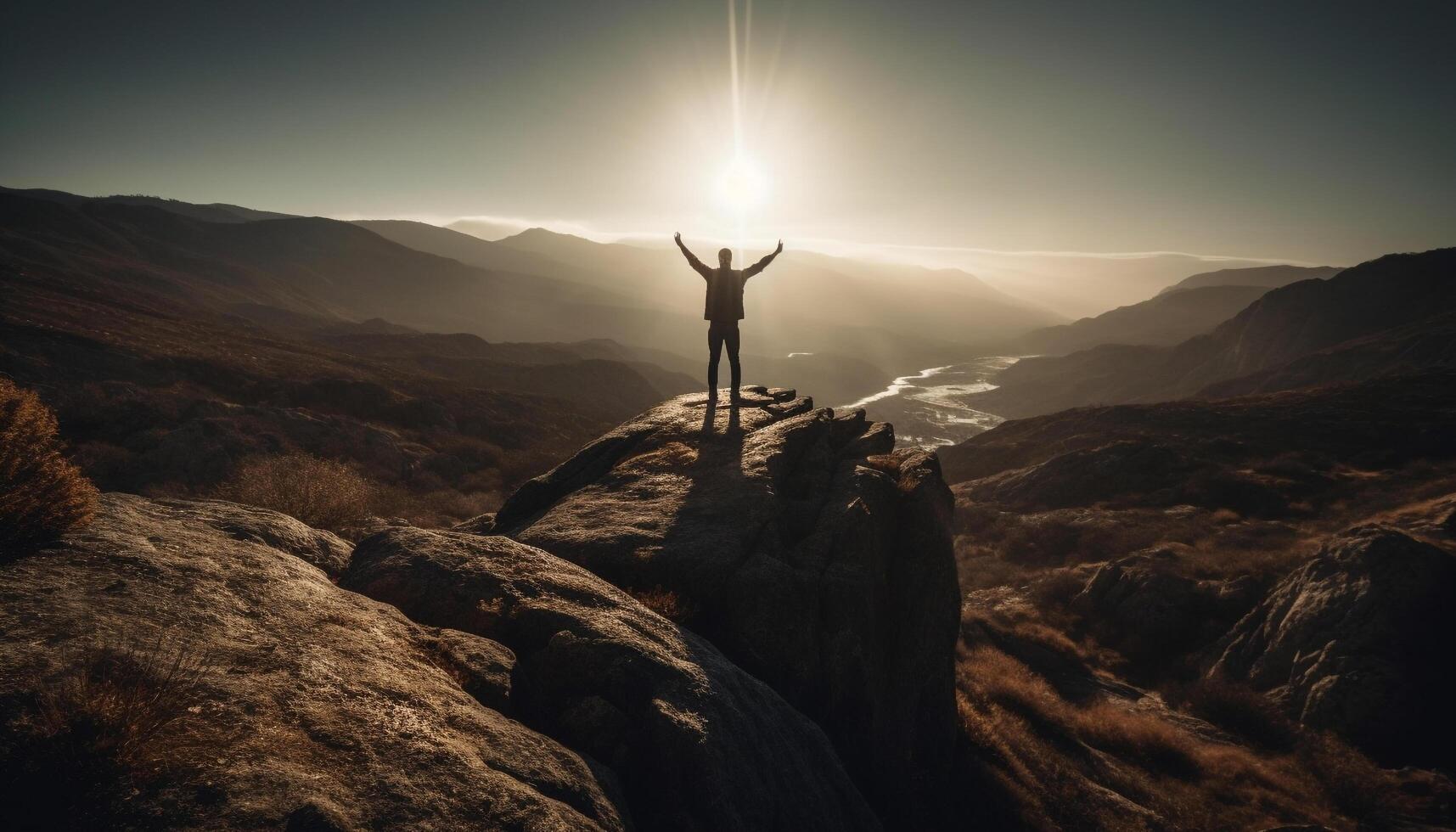 Standing on mountain peak, arms raised in achievement generated by AI photo