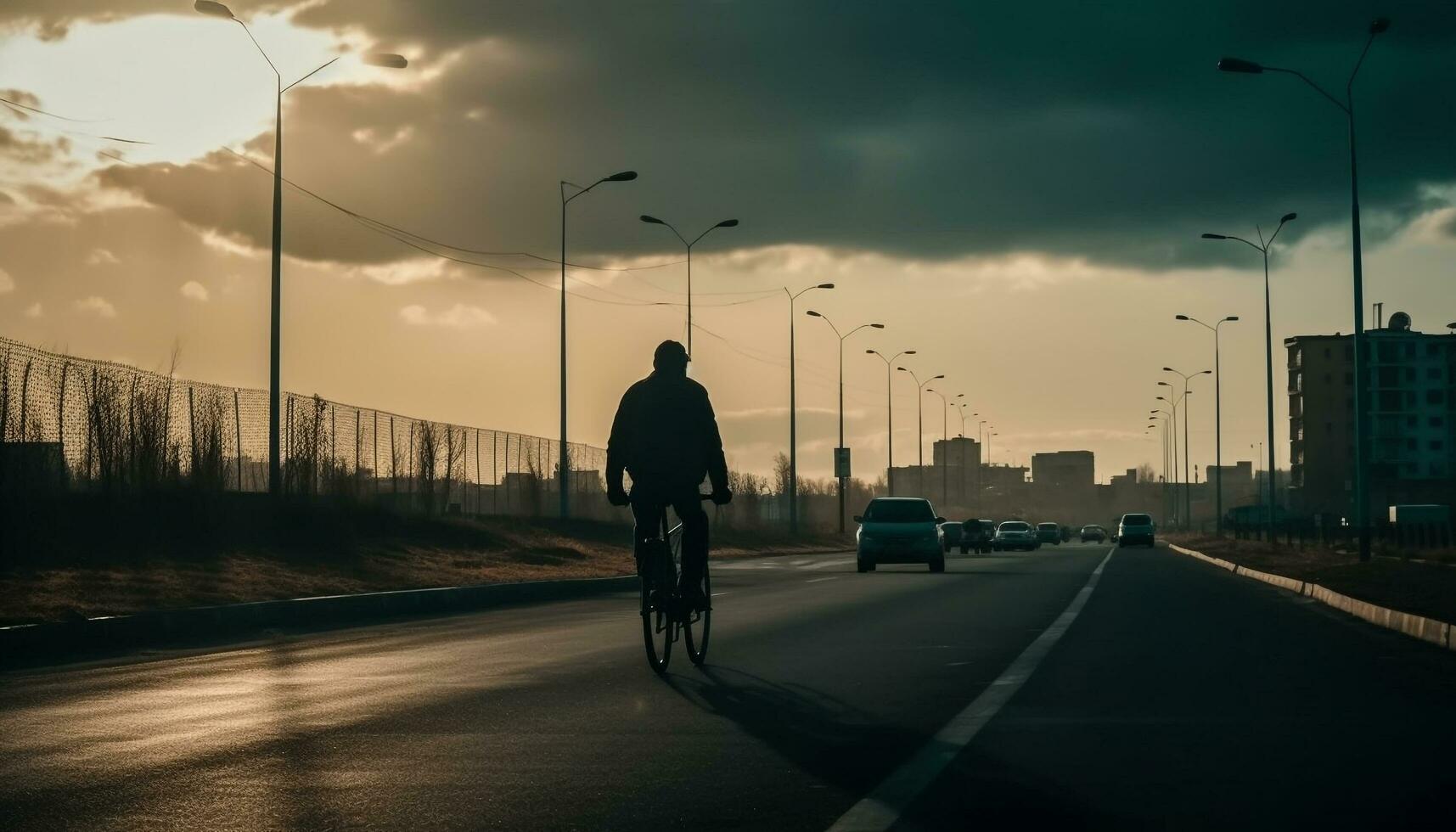 Silhouette cycling at dusk, city life motion generated by AI photo