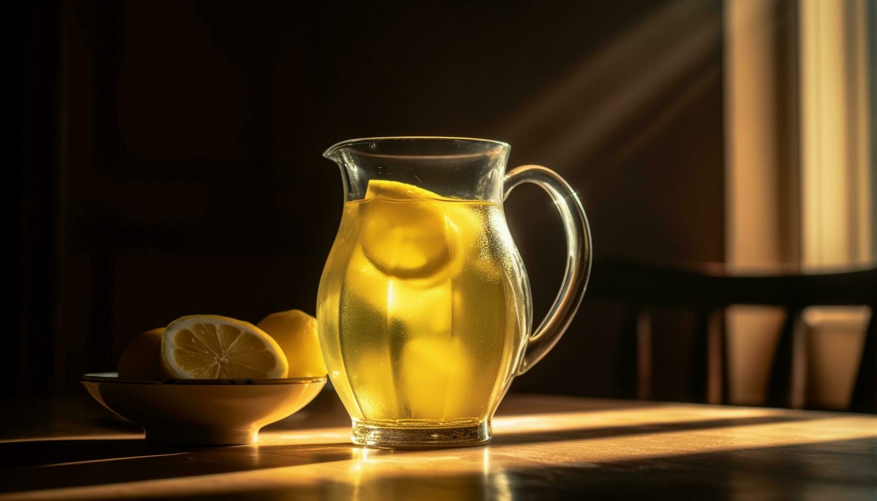 Healthy lemonade on wooden table with ice generated by AI photo