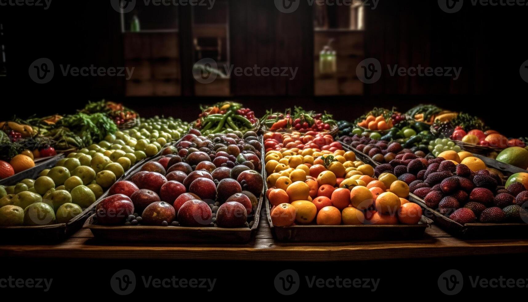 Organic fruits and veggies in colorful basket generated by AI photo