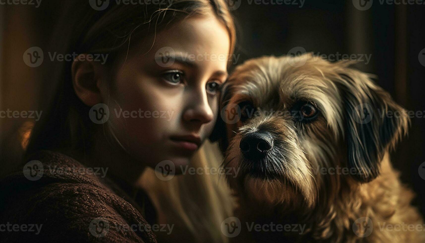 Cute puppy and girl embrace in love generated by AI photo