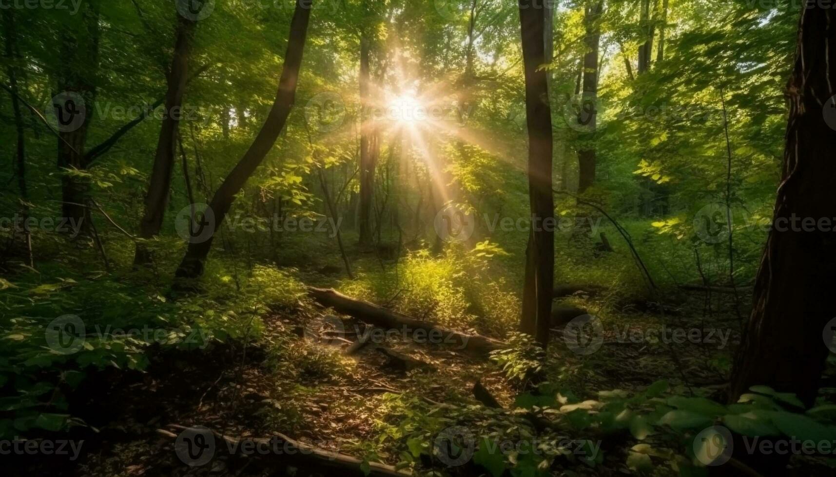 Sunlit forest path leads to vibrant adventure generated by AI photo