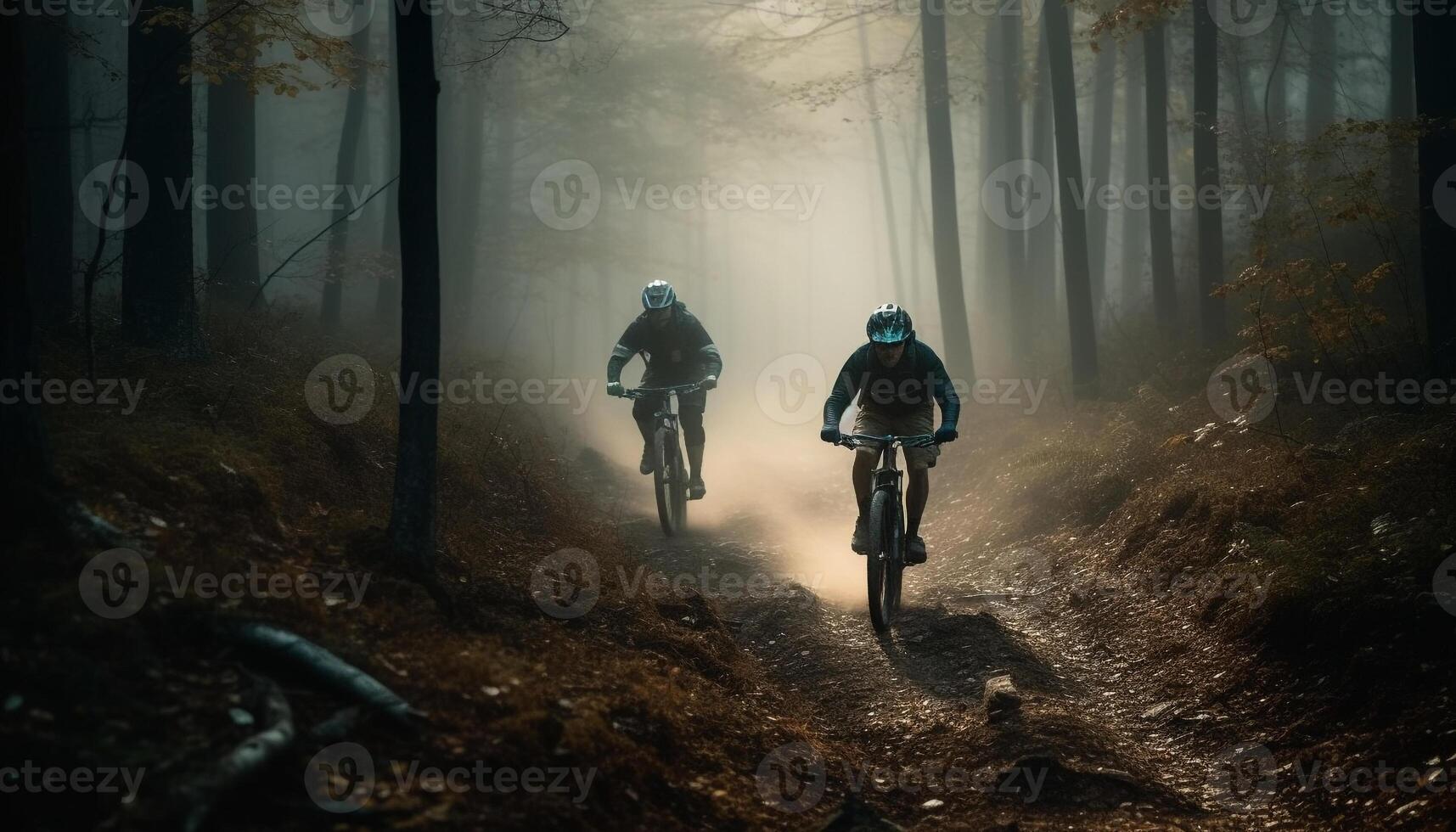 Two men cycle through foggy mountain terrain generated by AI photo