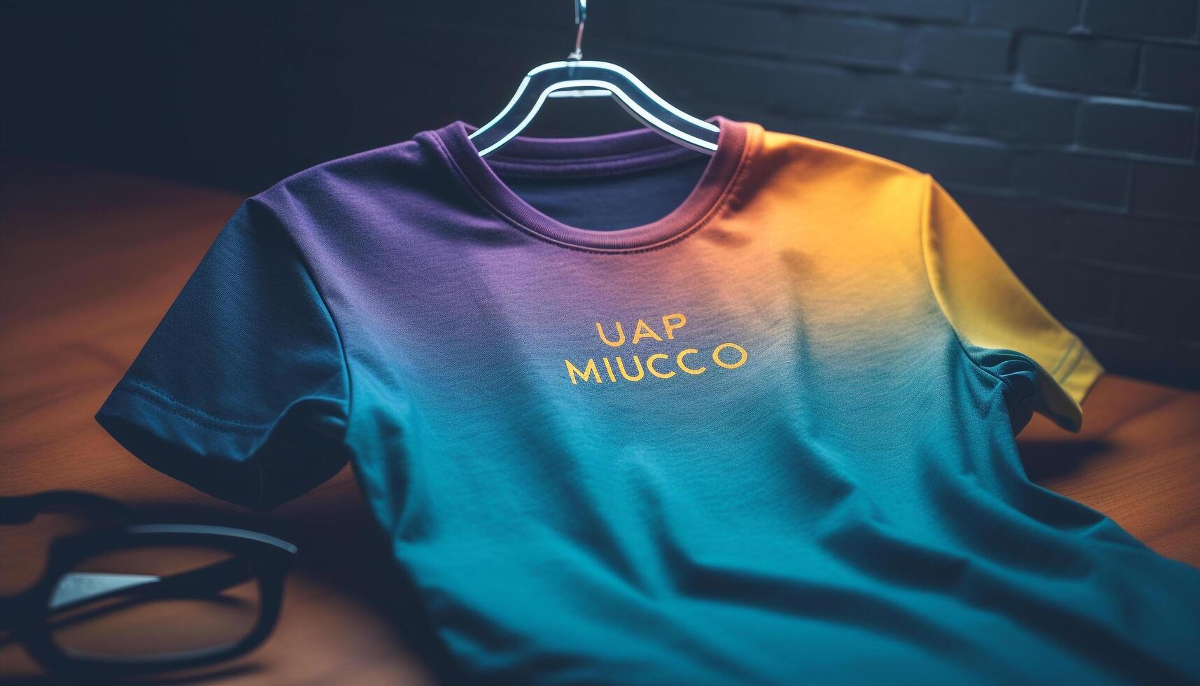 Blue and yellow t shirt on wooden hanger generated by AI photo