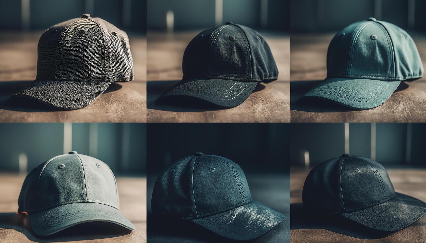 Modern baseball cap collection set on dark background generated by AI photo
