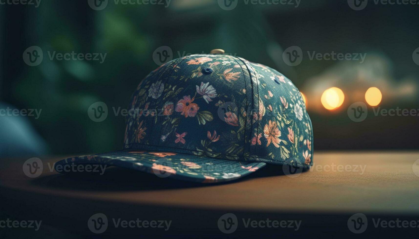 Modern baseball cap design on wooden table generated by AI photo