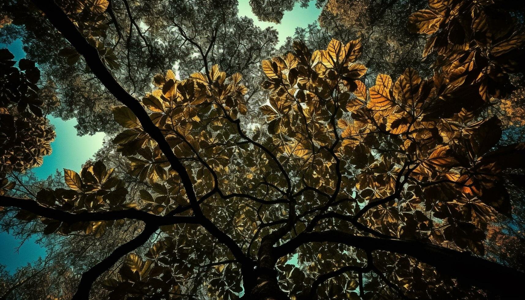 Golden maple leaves illuminate autumn forest beauty generated by AI photo