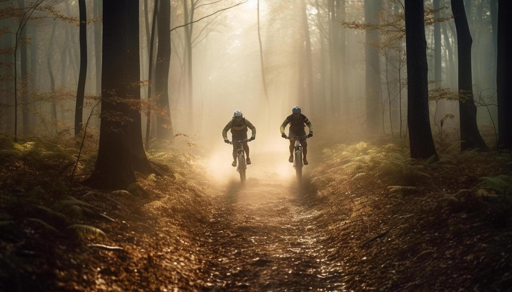 Muscular men cycle through foggy forest terrain generated by AI photo