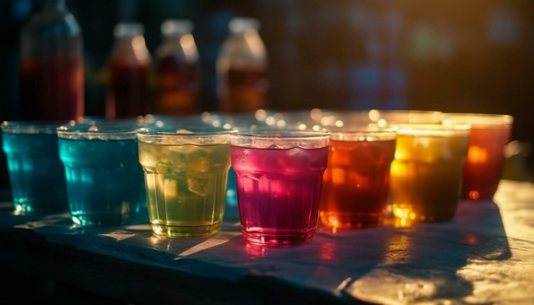 Multi colored cocktails on bar counter, illuminated nightlife generated by AI photo