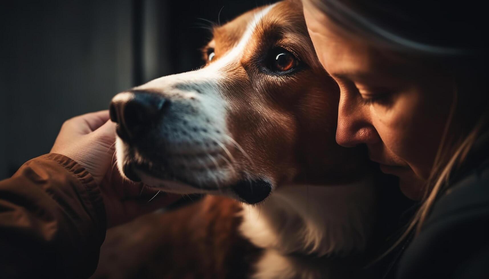 Caucasian woman embraces cute beagle puppy outdoors, smiling generated by AI photo