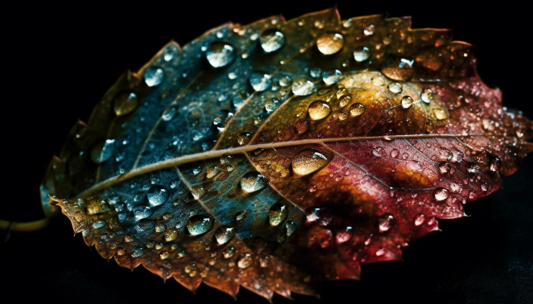 Fresh dew drops on green leaf veins generated by AI photo