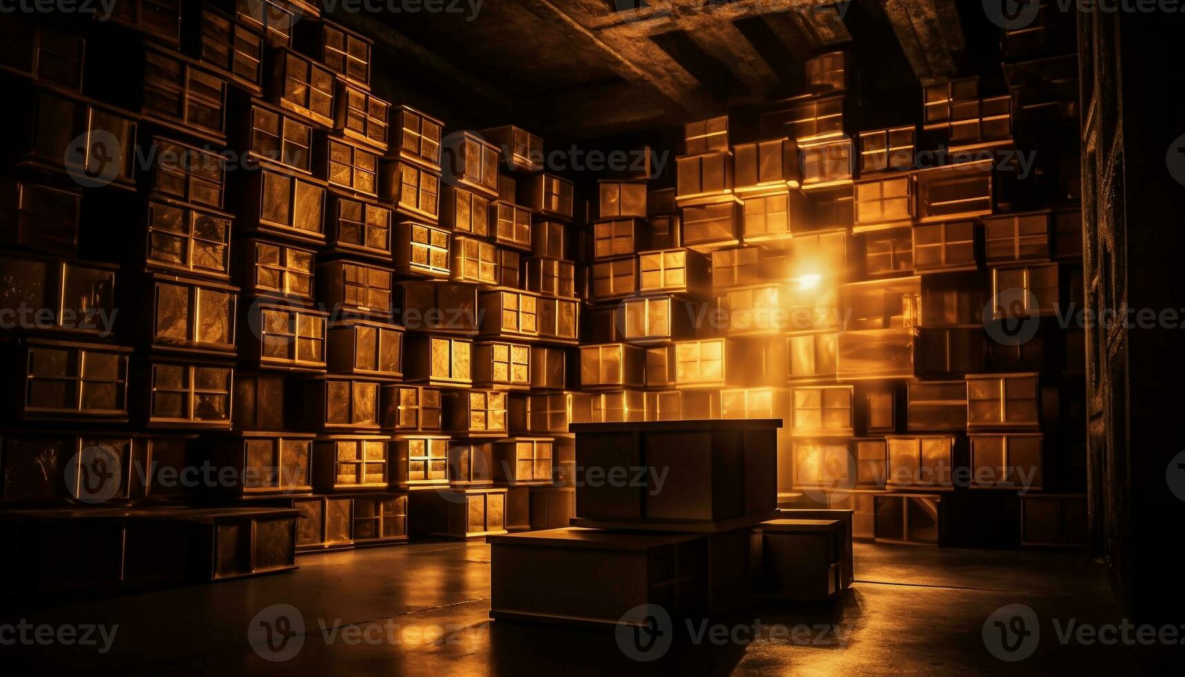 Glowing book stacks illuminate modern library shelves generated by AI photo