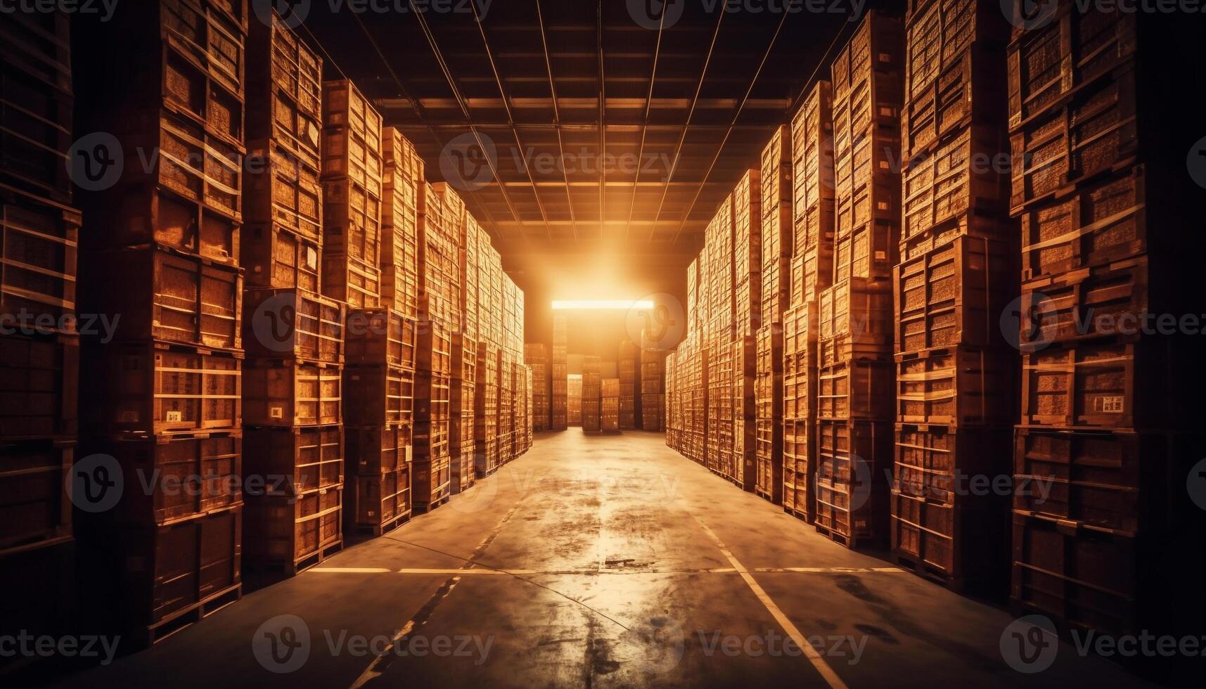 Inside an old warehouse, shelves stack high generated by AI photo