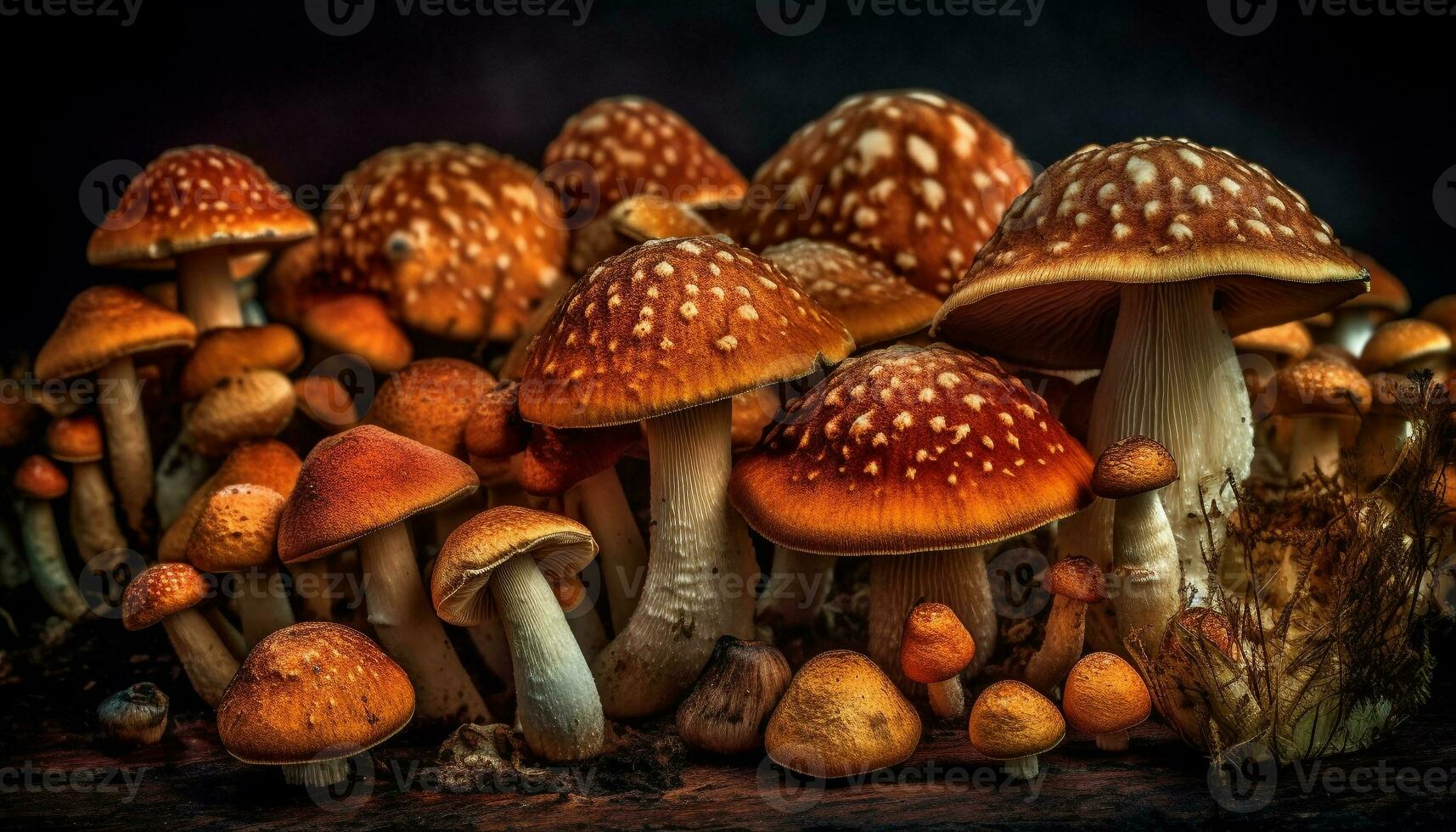 Fresh autumn growth of edible fly agaric mushroom generated by AI photo