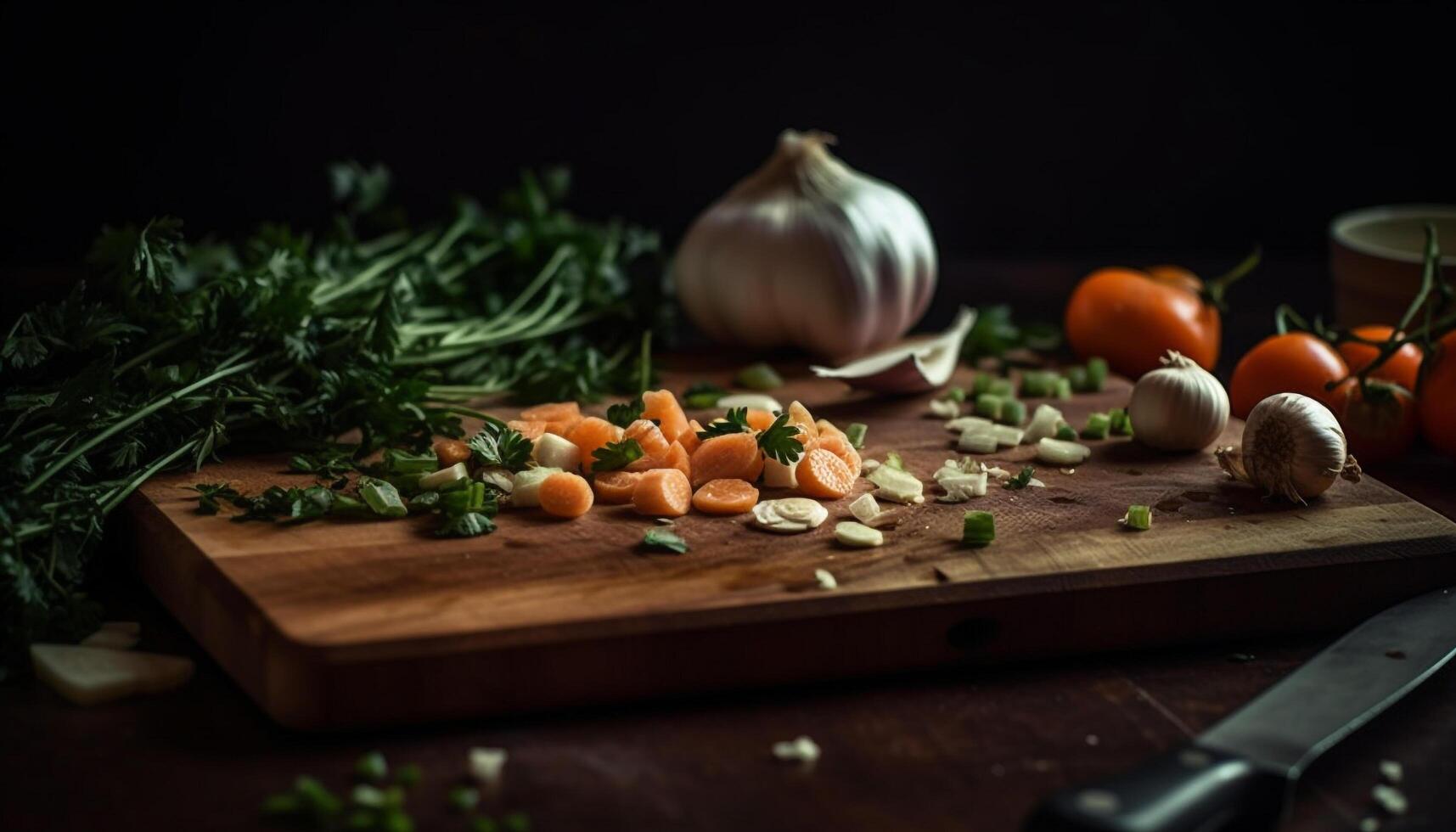 Rustic Vegetarian Meal on Homemade Cutting Board generated by AI photo