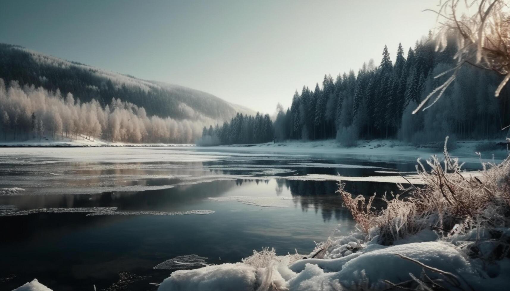 congelado paisaje, tranquilo escena, reflejando natural belleza generado por ai foto