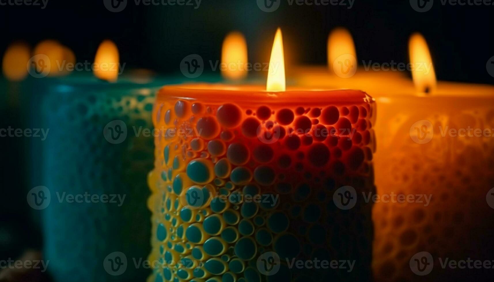 Glowing candle illuminates vibrant patterns in darkness generated by AI photo
