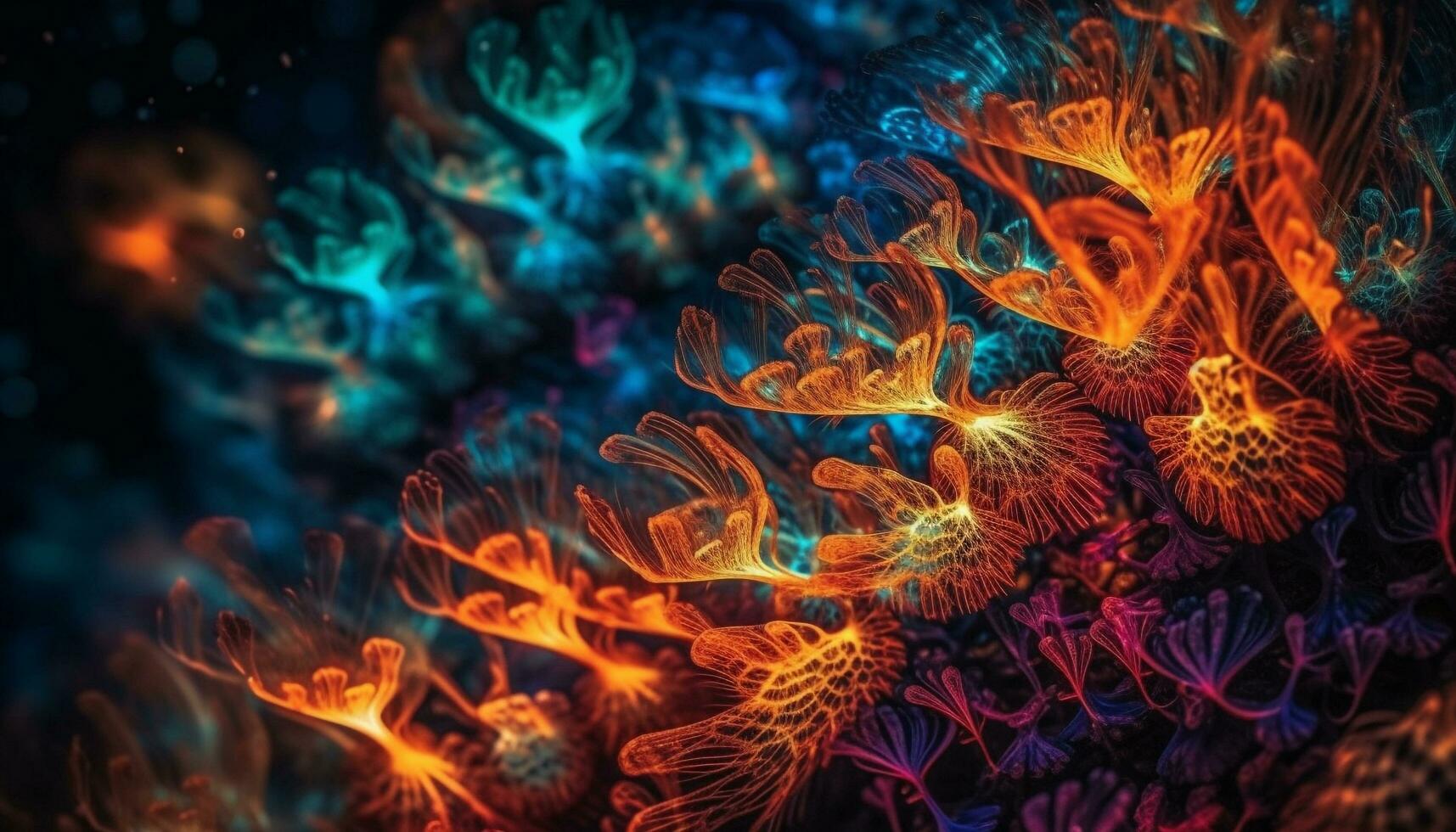 brillante arrecife pescado nadar en submarino fractal generado por ai foto